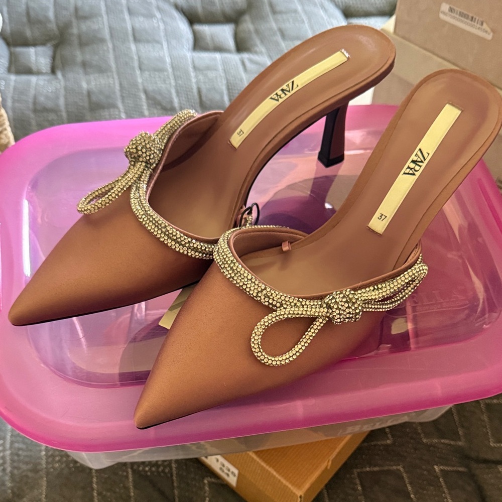 Zara Brown Pointed Heels with Rhinestone Embellishment